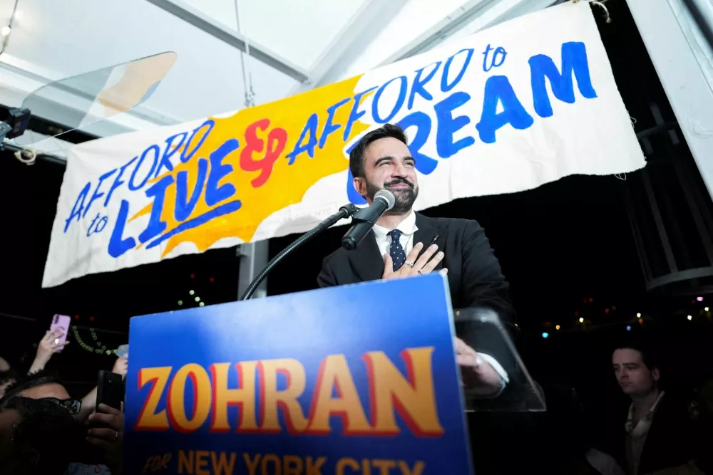 Zohran Mamdani gestures as he speaks during a watch party for his primary election, which includes his bid to become the Democratic candidate for New York City mayor in the upcoming November 2025 election, in New York City, U.S., June 25, 2025. REUTERS/David 'Dee' Delgado   TPX IMAGES OF THE DAY