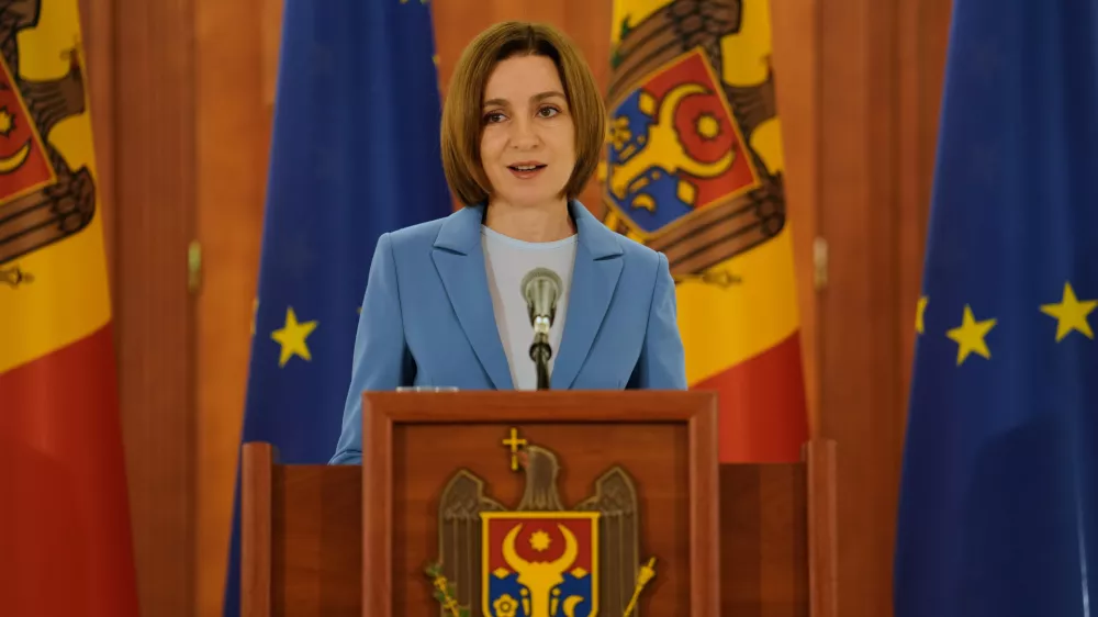 Moldova's President Maia Sandu speaks to the media after the parliamentary election, in Chisinau, Moldova, Monday, Sept. 29, 2025. (AP Photo/Vadim Ghirda)