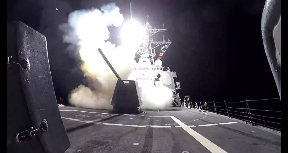 A Tomahawk land attack missile (TLAM) is launched from the U.S. Navy Arleigh Burke-class guided missile destroyer USS Gravely against what the U.S. military describe as Houthi military targets in Yemen, February 3, 2024. U.S. Central Command/Handout via REUTERS. THIS IMAGE HAS BEEN SUPPLIED BY A THIRD PARTY