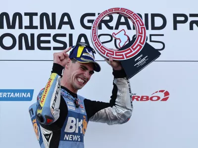 MotoGP - Indonesian Grand Prix - Mandalika International Street Circuit, Mandalika, Indonesia - October 5, 2025 BK8 Gresini Racing MotoGP's Fermin Aldeguer celebrates on the podium after winning the MotoGP race REUTERS/Willy Kurniawan