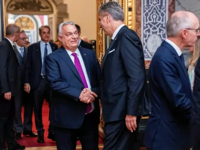 Hungary's Prime Minister, Viktor Orban, shakes hands with Croatia's Prime Minister, Andrej Plenkovic, at an informal summit in the Danish parliament at Christiansborg Castle in Copenhagen, Denmark, October 1, 2025. Ritzau Scanpix/Ida Marie Odgaard via REUTERS  ATTENTION EDITORS - THIS IMAGE WAS PROVIDED BY A THIRD PARTY. DENMARK OUT. NO COMMERCIAL OR EDITORIAL SALES IN DENMARK.