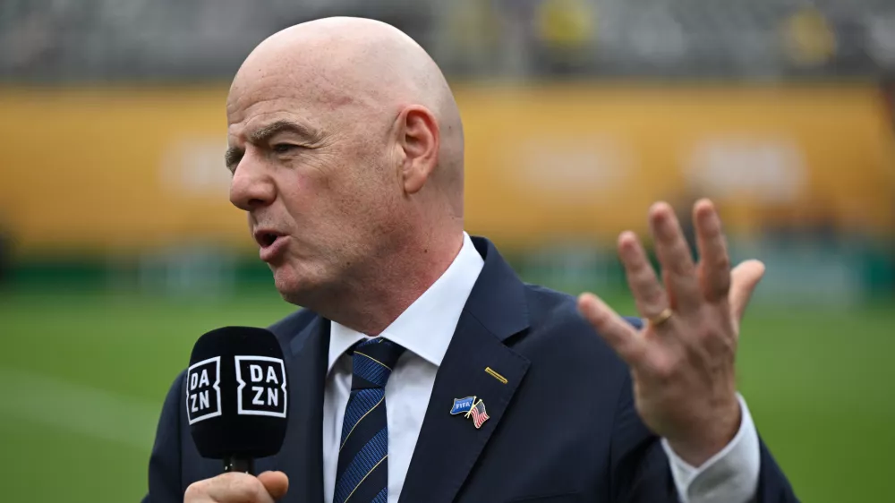 FILED - 13 July 2025, US, East Rutherford: FIFA President Gianni Infantino speaks during the DAZN pre-match interview ahead of the Club World Cup soccer match between Chelsea FC and Paris Saint-Germain at Metlife Stadium. Photo: Sven Hoppe/dpa