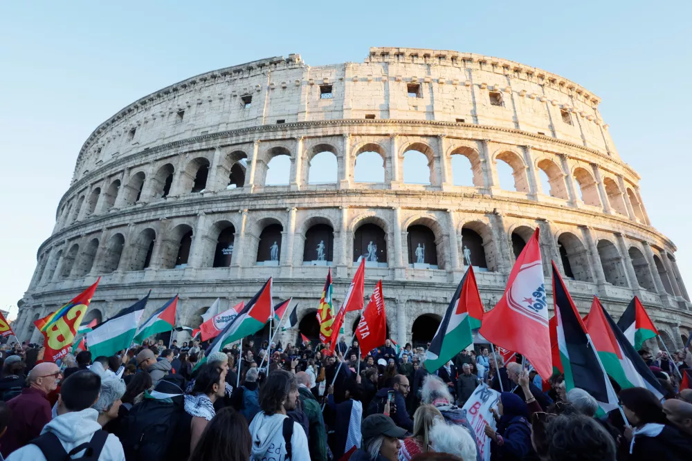 Pro-Palestinian demonstrators attend a rally in Rome, Italy, Oct. 2, 2025, in solidarity with the Global Sumud Flotilla after ships were intercepted by the Israeli navy. (Cecilia Fabiano/LaPresse via AP)