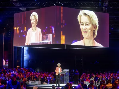 European Parliament President Ursula Von Der Leyen attends the 2025 Italian Tech Week, in Turin, Italy, Friday, Oct. 3, 2025. (Giulio Lapone/LaPresse via AP)