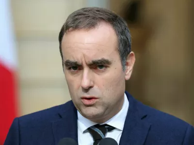 FILE PHOTO: French Prime Minister Sebastien Lecornu delivers a statement at the Hotel Matignon in Paris, on October 3, 2025, before a round of consultations with political parties ahead of the announcement of the new government. Alain Jocard/Pool via REUTERS/File Photo