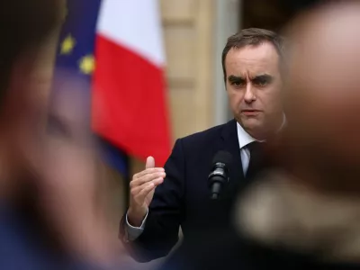 French outgoing Prime Minister Sebastien Lecornu, who presented his government's resignation to the French president this morning, delivers a statement at the Hotel Matignon in Paris, France, October 6, 2025. REUTERS/Stephane Mahe/Pool