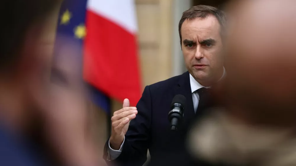 French outgoing Prime Minister Sebastien Lecornu, who presented his government's resignation to the French president this morning, delivers a statement at the Hotel Matignon in Paris, France, October 6, 2025. REUTERS/Stephane Mahe/Pool