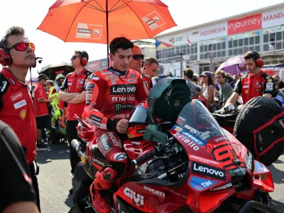 FILE PHOTO: MotoGP - Indonesian Grand Prix - Mandalika International Street Circuit, Mandalika, Indonesia - October 5, 2025 Ducati Lenovo Team's Marc Marquez before the MotoGP race REUTERS/Willy Kurniawan/File Photo