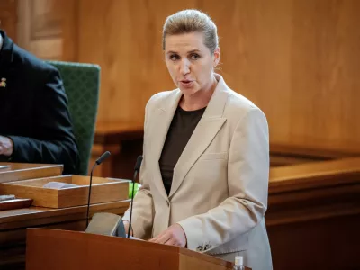 Denmark's Prime Minister Mette Frederiksen speaks during the opening of the Parliament at Christiansborg Palace in Copenhagen, Denmark, October 7, 2025. Ritzau Scanpix/Mads Claus Rasmussen via REUTERS  ATTENTION EDITORS - THIS IMAGE WAS PROVIDED BY A THIRD PARTY. DENMARK OUT. NO COMMERCIAL OR EDITORIAL SALES IN DENMARK.