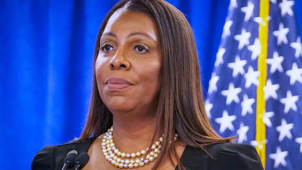 FILE - New York Attorney General Letitia James speaks during a press briefing, Feb. 16, 2024, in New York. (AP Photo/Bebeto Matthews, File)