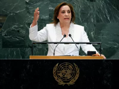 FILE PHOTO: Peru's President Dina Boluarte addresses the 80th United Nations General Assembly at U.N. headquarters in New York, U.S., September 23, 2025. REUTERS/MIKE SEGAR/File Photo