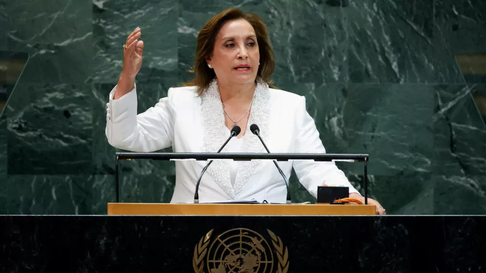 FILE PHOTO: Peru's President Dina Boluarte addresses the 80th United Nations General Assembly at U.N. headquarters in New York, U.S., September 23, 2025. REUTERS/MIKE SEGAR/File Photo