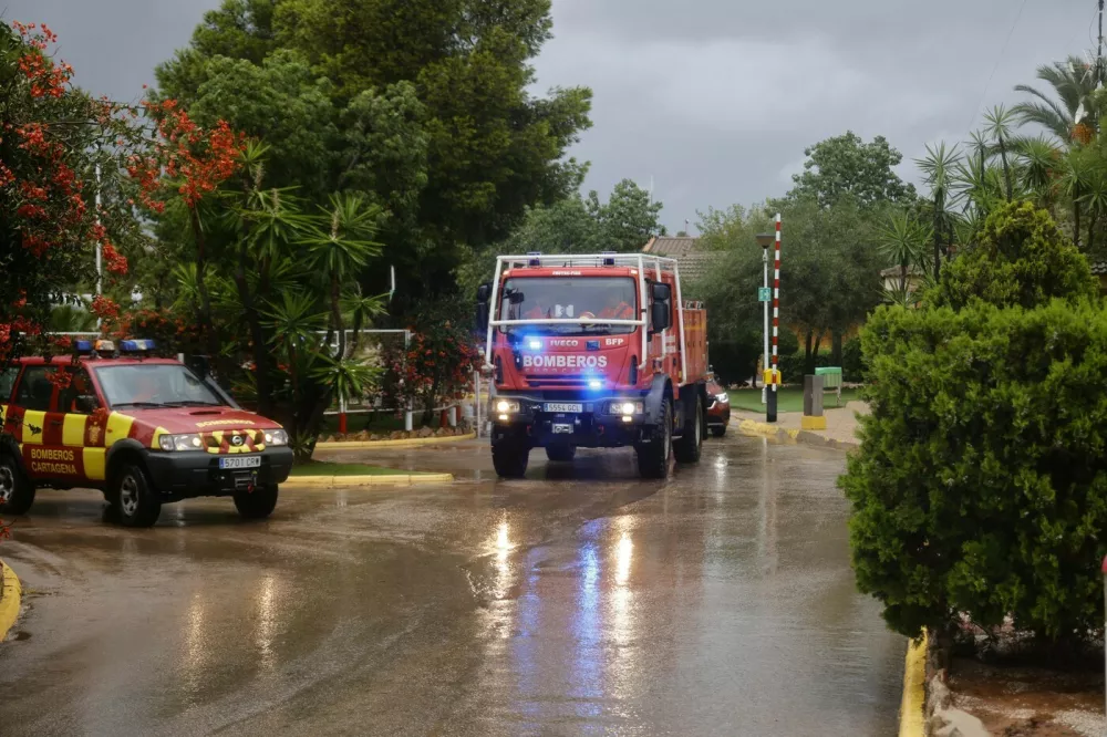 October 10, 2025, Cartagena (Region Of Murcia, Spain: Firefighters on a street in Cartagena due to heavy rains, on October 10, 2025, in Cartagena, Region of Murcia (Spain). The City Council of Cartagena has ordered the eviction of people in Villas Caravaning, Bahía Bella and La Algameca, due to the accumulation of water from rains and runoff in these areas of the municipality. Also, the eviction of Navantia workers is taking place, as the factory is located next to the Benipila wadi. In the pavilion there are fifty beds and staff of Civil Protection and Social Services to ensure the care of all persons requiring assistance...OCTOBER 10;2025..Martín C. / Europa Press..10/10/2025,Image: 1044551522, License: Rights-managed, Restrictions: * Spain Rights OUT *, Model Release: no