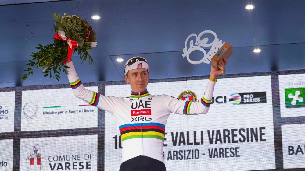 Tadej Pogacar is in 1st place at Tre Valli Varesine 2025 during the 104th Tre Valli Varesine 2025 a 200.3km one day race from Busto Arsizio to Varese on October 07, 2025 in Varese, Italy. (Photo by Tommaso Berardi/NurPhoto).NO USE FRANCE