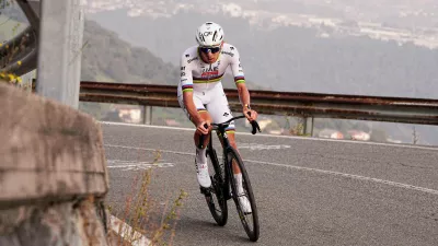Reigning World Champion Tadej Pogacar pedals on his way to win Il Lombardia, Tour of Lombardy cycling race, in Bergamo, Italy, Saturday, Oct. 11, 2025. (Marco Alpozzi/LaPresse via AP)
