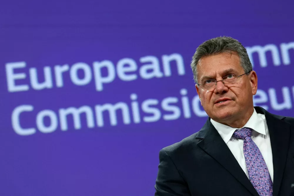 FILE PHOTO: European Commissioner for Trade Maros Sefcovic attends a press conference in Brussels, Belgium, July 28, 2025. REUTERS/Yves Herman/File Photo