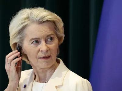 European Commission President Ursula von der Leyen during a press conference with Prime Minister Edi Rama in his office in Tirana, Albania, October 13, 2025 REUTERS/Florion Goga