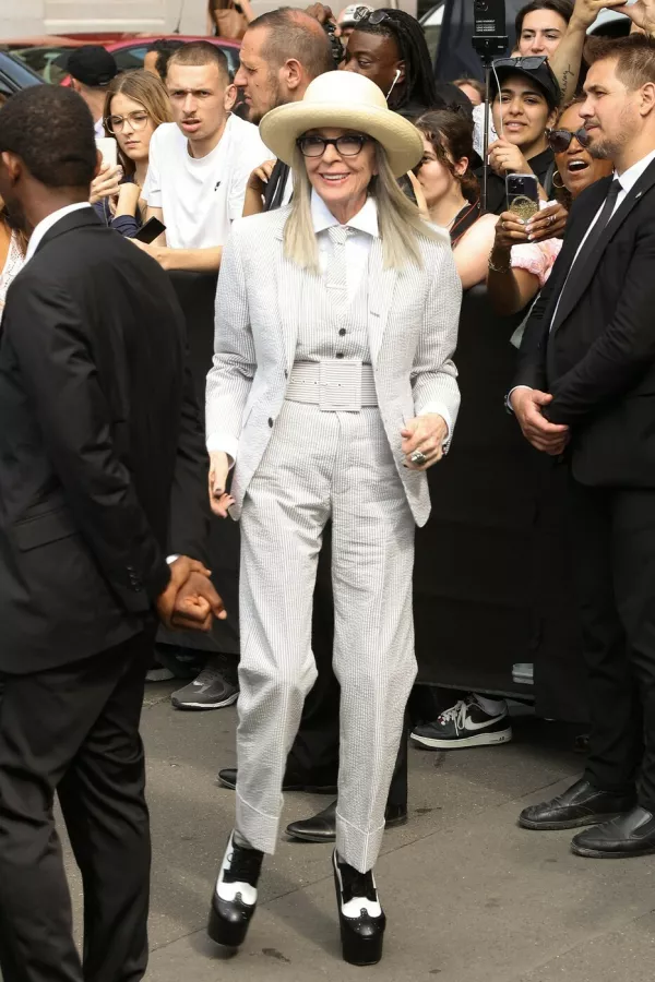 Diane Keaton attends the Thom Browne Haute Couture Spring Summer 2023 show as part of Paris Fashion Week on June 03, 2023 in Paris, France.,Image: 787002348, License: Rights-managed, Restrictions:, Model Release: no