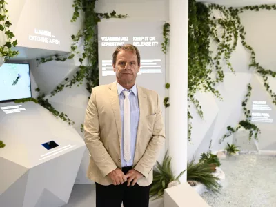 Župan Občine Bovec Valter Mlekuž18.10. 2024 Ribiška hiša v Kal Koritnici, Bovec. Projekt Dobre EU zgodbeFOTO: Nik Erik Neubauer