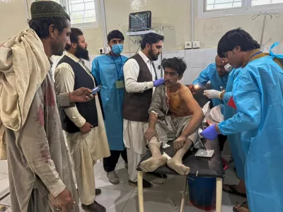 A man, who was injured in the clashes between Pakistan and Afghan forces in border area, receives medical treatment at a hospital in Chaman, a town on the Pakistan side of the border, Wednesday, Oct. 15, 2025. (AP Photo/H. Achakzai)