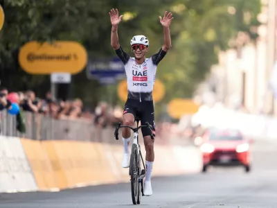 Rider Isaac Del Toro reacts as he wins the 109th edition of the Gran Piemonte cycling race, a 179km (111 miles) one day race from Dogliani to Acqui Terme, Italy, Thursday, Oct. 9, 2025, Italy. (Fabio Ferrari/LaPresse via AP)