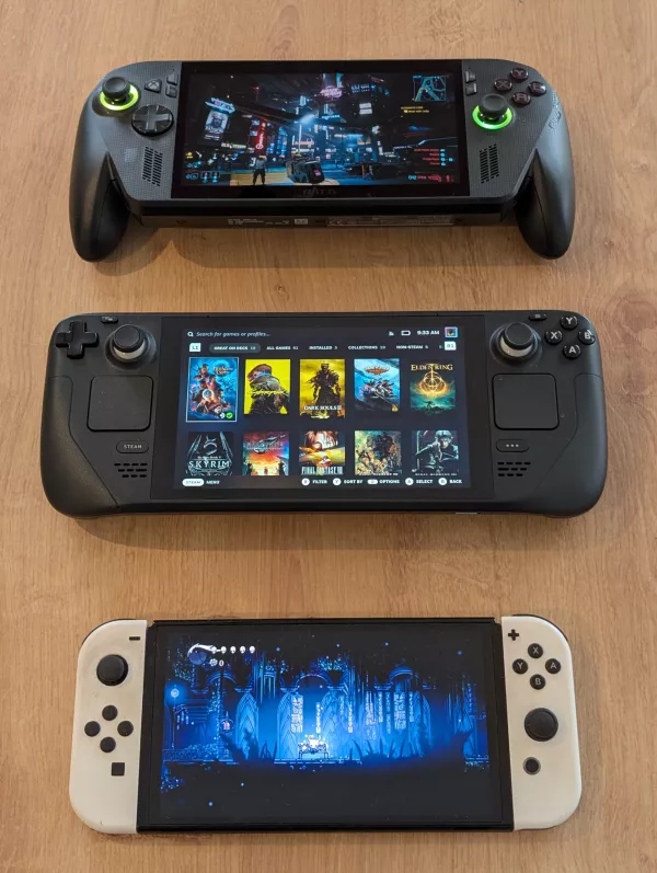 Od zgoraj dol: rog xbox ally x, steam deck in Nintendo switch (OLED).