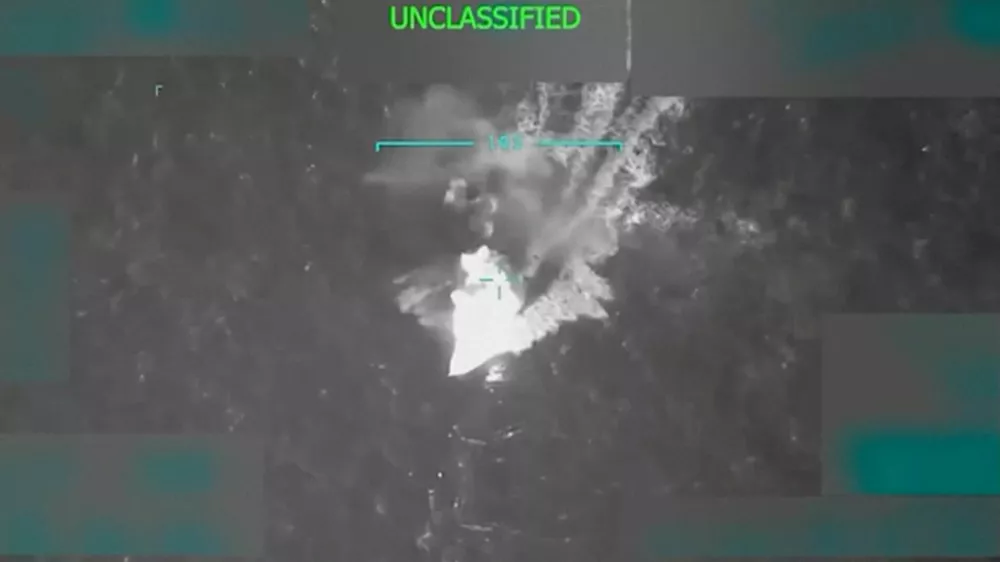 A vessel, which U.S. President Donald Trump said was transporting illegal narcotics and heading to the U.S., is struck by the U.S. military as it navigates in the southern Caribbean, in this still image obtained from video posted by U.S. President Donald Trump on Truth Social and released September 2, 2025. DONALD TRUMP VIA TRUTH SOCIAL/Handout via REUTERS  THIS IMAGE HAS BEEN SUPPLIED BY A THIRD PARTY. NO RESALES. NO ARCHIVES. MANDATORY CREDIT Verification lines: Reuters conducted initial checks on the video, including a review of its visual elements using a manipulation detection tool, which did not show evidence of manipulation. However, thorough verification is an ongoing process, and Reuters will continue to review the footage as more information becomes available.