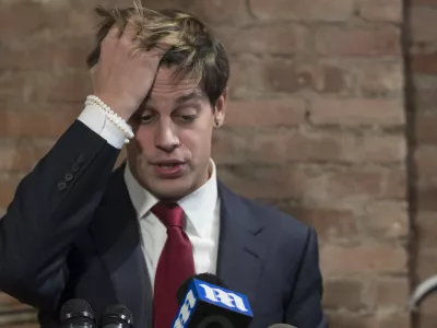 ﻿Milo Yiannopoulos speaks during a news conference, Tuesday, Feb. 21, 2017, in New York. Yiannopoulos has resigned as editor of Breitbart Tech after coming under fire from other conservatives over comments on sexual relationships between boys and older men. (AP Photo/Mary Altaffer)