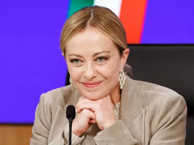 Italian Premier Giorgia Meloni meets journalists during a press conference following a Cabinet meeting on the budget law, in Rome, Friday, Oct. 17, 2025. (Roberto Monaldo/LaPresse via AP)