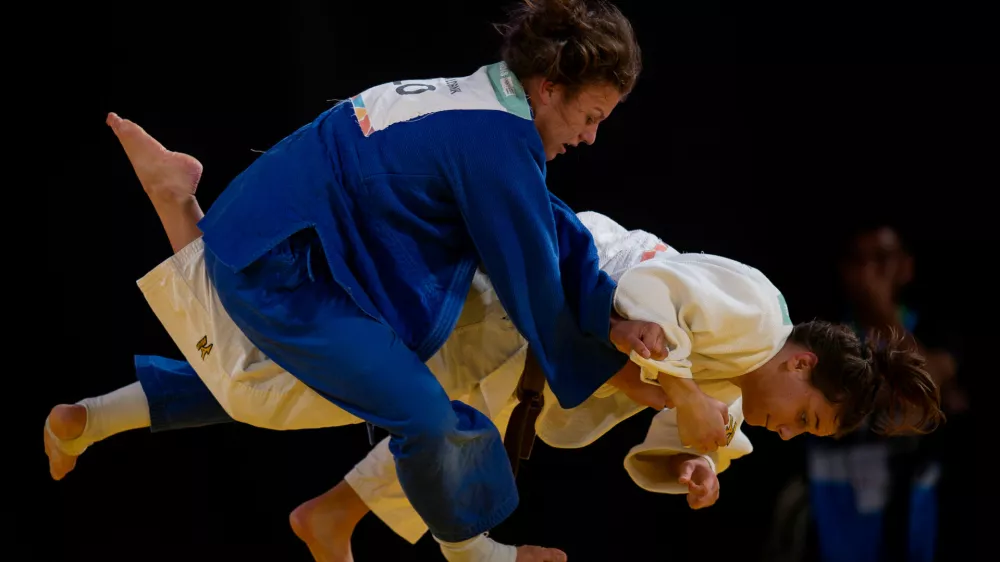 Metka Lobnik of Slovenia (blue) competes against Raffaela Igl of Germany during the Judo Women -78 kg Quarterfinal at the Asia Pavilion, Youth Olympic Park during the Youth Olympic Games, Buenos Aires, Argentina, October 9, 2018. Joe Toth for OIS/IOC/Handout via REUTERS ATTENTION EDITORS - THIS IMAGE HAS BEEN SUPPLIED BY A THIRD PARTY.