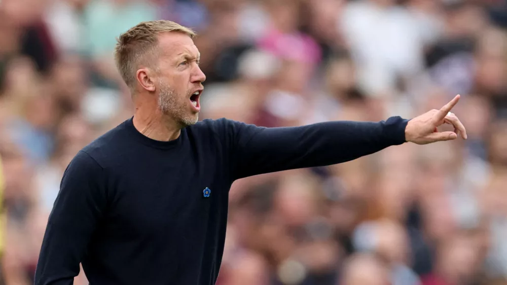 FILE PHOTO: Soccer Football - Premier League - West Ham United v Crystal Palace - London Stadium, London, Britain - September 20, 2025 West Ham United manager Graham Potter reacts Action Images via Reuters/John Sibley EDITORIAL USE ONLY. NO USE WITH UNAUTHORIZED AUDIO, VIDEO, DATA, FIXTURE LISTS, CLUB/LEAGUE LOGOS OR 'LIVE' SERVICES. ONLINE IN-MATCH USE LIMITED TO 120 IMAGES, NO VIDEO EMULATION. NO USE IN BETTING, GAMES OR SINGLE CLUB/LEAGUE/PLAYER PUBLICATIONS. PLEASE CONTACT YOUR ACCOUNT REPRESENTATIVE FOR FURTHER DETAILS../File Photo