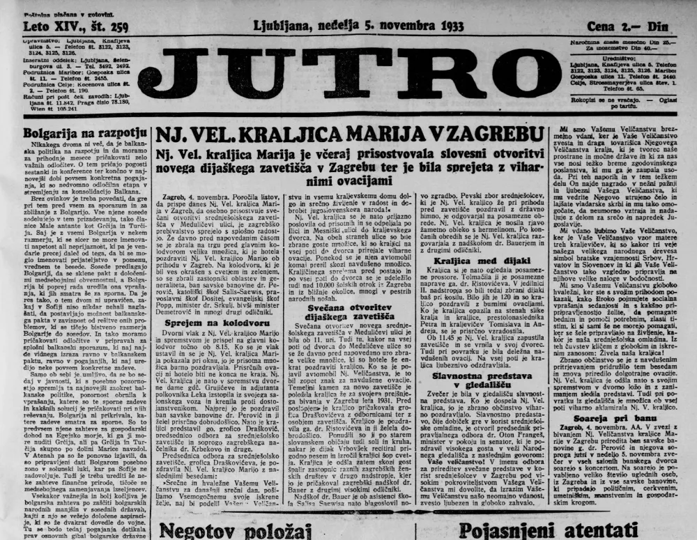 Naslovnica časnika Jutro z dne 5. novembra 1933 / Foto: Dlib