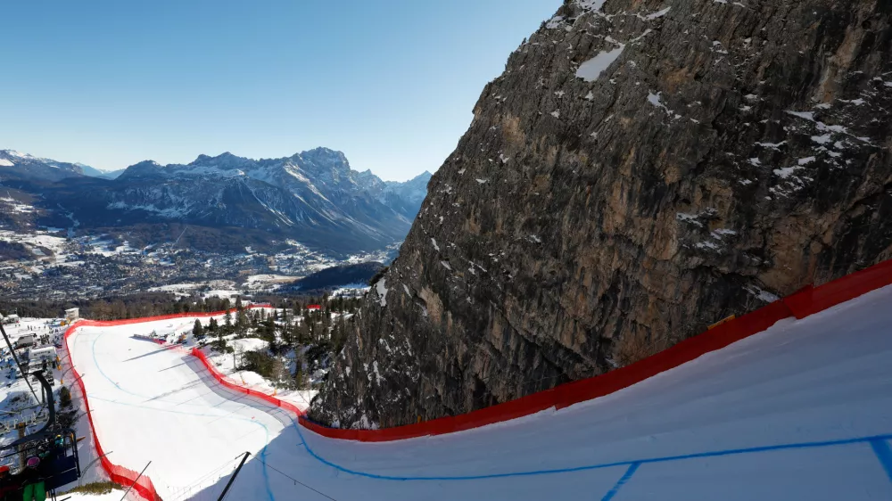 FILE - A view of the Tofane schuss venue for alpine ski competition at the Milan Cortina 2026 Winter Olympics is seen on Jan. 17, 2025, in Cortina d'Ampezzo, Italy. (AP Photo/Alessandro Trovati, File)