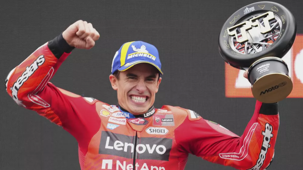 Spain's rider Marc Marquez of the Ducati Lenovo Team celebrates after winning the MotoGP race at the Grand Prix of the Netherlands at the TT Circuit in Assen, northern Netherlands, Sunday, June 29, 2025. (AP Photo/Peter Dejong)