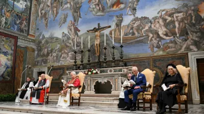 Pope Leo XIV leads an ecumenical prayer with Archbishop of York Stephen Cottrell as Britain's King Charles and Queen Camilla attend, in a historic first joint act of worship between an English monarch and a Pope in 500 years, in the Sistine Chapel, at the Vatican October 23, 2025. Vatican Media/Handout via REUTERS ATTENTION EDITORS – THIS IMAGE WAS PROVIDED BY A THIRD PARTY.