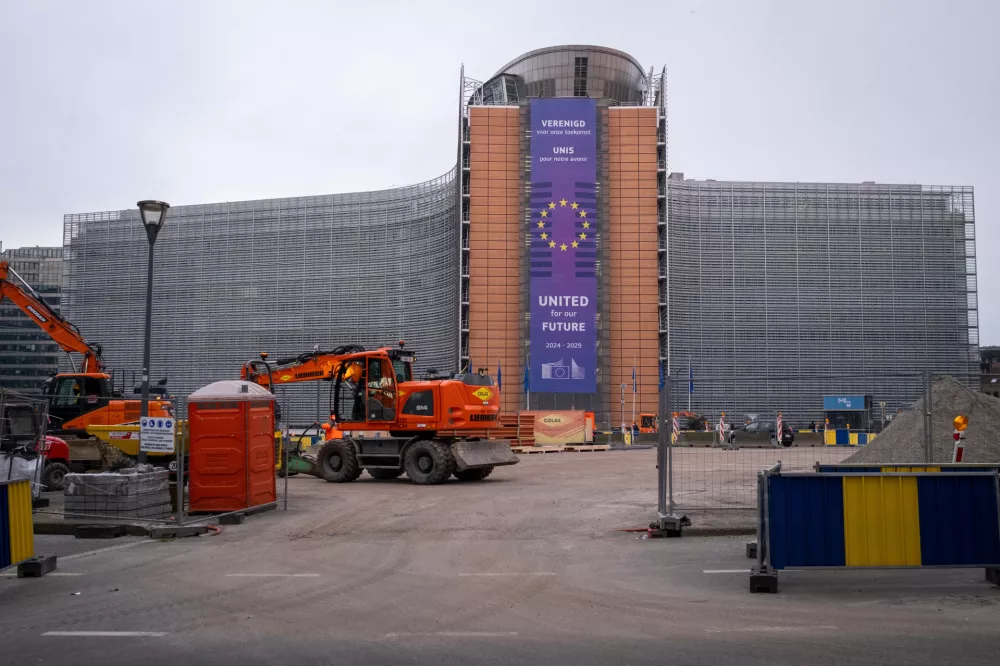 Building with flag during the press conference by Vice-President for Cohesion Policy and Reforms and Regional Development and Cities Raffaele Fitto and European Commissioner Christophe Hansen on the Vision for Agriculture and Food in the Berlaymont the headquarters of the European Commission an institution of the European Union in Brussels in Belgium on 19th of February 2025. The 'Vision on Agriculture and Food' aimed to address the challenges faced by the agricultural sector particularly the importance of food security and sovereignty for the EU and protecting natural resources and climate resilienceand with the Common Agricultural Policy (CAP).Batiment avec drapeau durant la conference de presse par le Vice-president a la Politique de cohesion et aux Reformes et au Developpement regional et aux Villes Raffaele Fitto et le Commissaire europeen a l Agriculture et au Developpement rural Christophe Hansen sur la vision pour l agriculture et l alimentation a la Commission Europeenne institution de l Union Europeenne a Bruxelles en Belgique le 19 fevrier 2025. La « Vision sur l agriculture et l alimentation » vise a relever les defis auxquels est confronte le secteur agricole en particulier l importance de la securite et de la souverainete alimentaires ainsi que la protection des ressources naturelles et la resilience climatique et la politique agricole commune (PAC).No Use France.