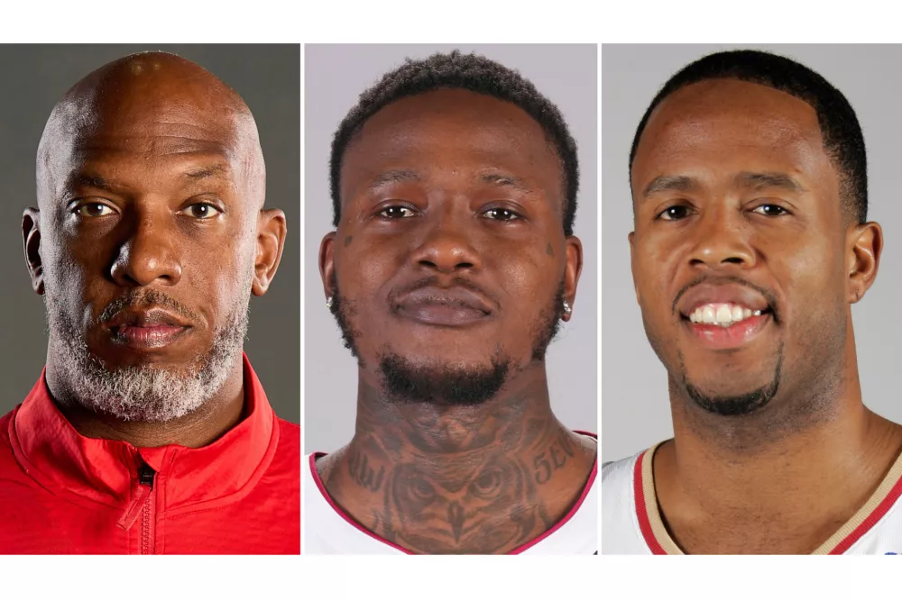 FILE - This combo of images shows, from left, Portland Trail Blazers head coach Chauncey Billups, Miami Heat guard Terry Rozier and former Cleveland Cavaliers' Damon Jones. (AP Photo/File)