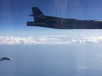 6333293 15.09.2020 In this handout video grab released by the press service of Russian Defence Ministry, the US Air Force strategic bomber Boeing B-52H Stratofortress intercepted by Russian Su-27 fighter jet over neutral waters of the Black Sea is pictured, in Russia. Russian air defense control systems detected an air target approaching the Russian state border over the neutral waters of the Black Sea. To identify the air target and prevent violation of the Russian state border, two Su-27 and Su-30 jet fighters from the Southern Military District's air defense forces on duty were scrambled. Editorial use only, no archive, no commercial use. Russian Defence Ministry,Image: 558078588, License: Rights-managed, Restrictions: ***HANDOUT image or SOCIAL MEDIA IMAGE or FILMSTILL for EDITORIAL USE ONLY! * Please note: Fees charged by Profimedia are for the Profimedia's services only, and do not, nor are they intended to, convey to the user any ownership of Copyright or License in the material. Profimedia does not claim any ownership including but not limited to Copyright or License in the attached material. By publishing this material you (the user) expressly agree to indemnify and to hold Profimedia and its directors, shareholders and employees harmless from any loss, claims, damages, demands, expenses (including legal fees), or any causes of action or allegation against Profimedia arising out of or connected in any way with publication of the material. Profimedia does not claim any copyright or license in the attached materials. Any downloading fees charged by Profimedia are for Profimedia's services only. * Handling Fee Only ***, Editors' note: THIS IMAGE IS PROVIDED BY RUSSIAN STATE-OWNED AGENCY SPUTNIK., Model Release: no