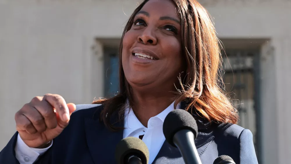 New York Attorney General Letitia James speaks to the media after she pleaded not guilty to charges that she defrauded her mortgage lender, outside the U.S. District Court for the Eastern District of Virginia, in Norfolk, Virginia, U.S., October 24, 2025. REUTERS/Jonathan Ernst