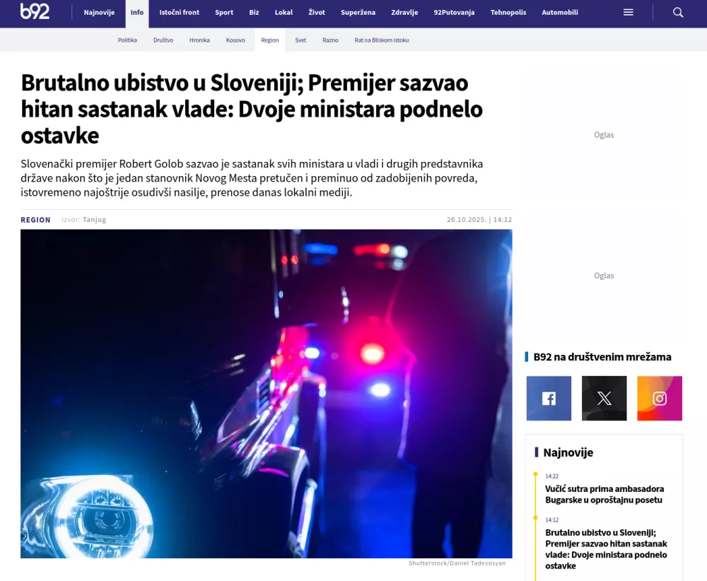 Naslovnica srbskega portala B92 / Foto: zajem zaslona