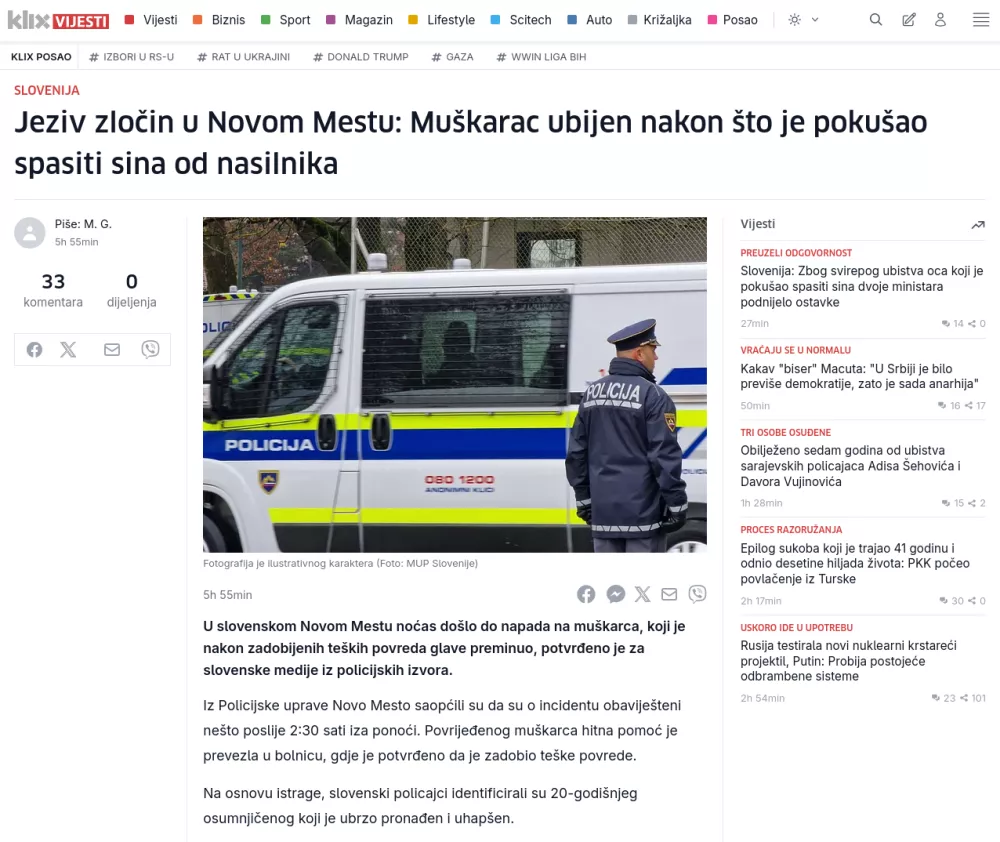 Novica v bošnjaškem mediju klix.ba / Foto: zajem zaslona