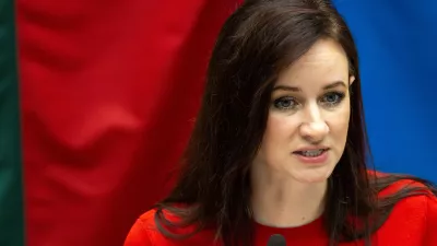 FILE - Lithuania's Social Democratic party member Inga Ruginiene, nominated as the next prime minister, speaks during a Lithuania's parliament session in Vilnius, Lithuania, Aug. 26, 2025. (AP Photo/Mindaugas Kulbis, File)