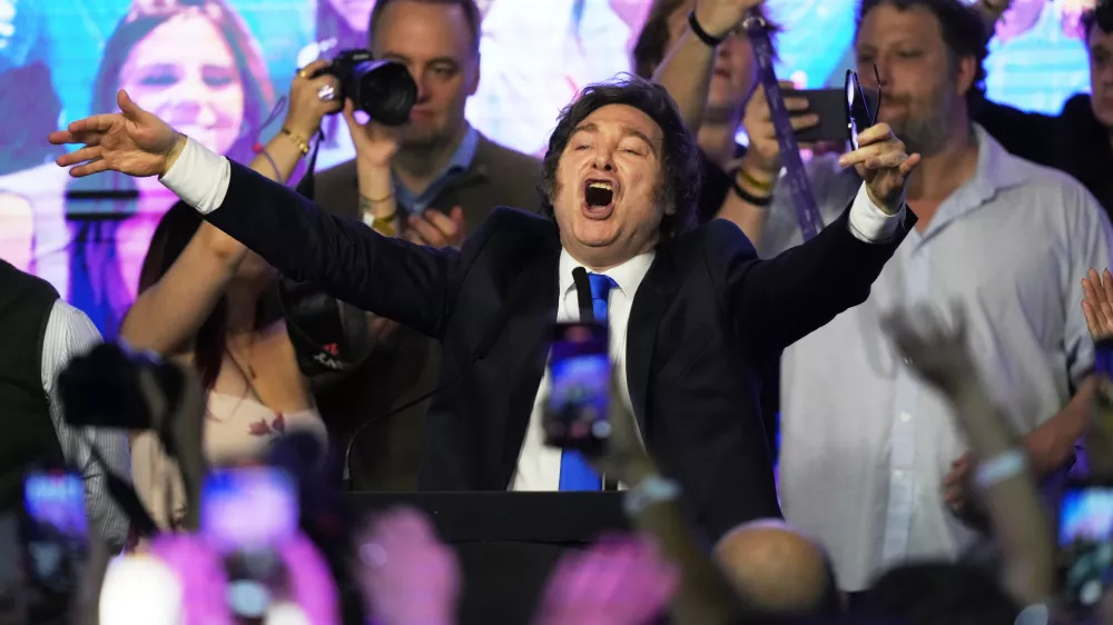 Argentina's President Javier Milei reacts after legislative midterm elections polls closed, in Buenos Aires, Argentina, Sunday, Oct. 26, 2025. (AP Photo/Rodrigo Abd)