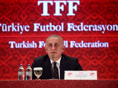 Turkish Football Federation president Ibrahim Haciosmanoglu talks during a news conference, in Istanbul, Turkey, Monday, Oct. 27, 2025. (Samet Yalcin/Dia Photo via AP)