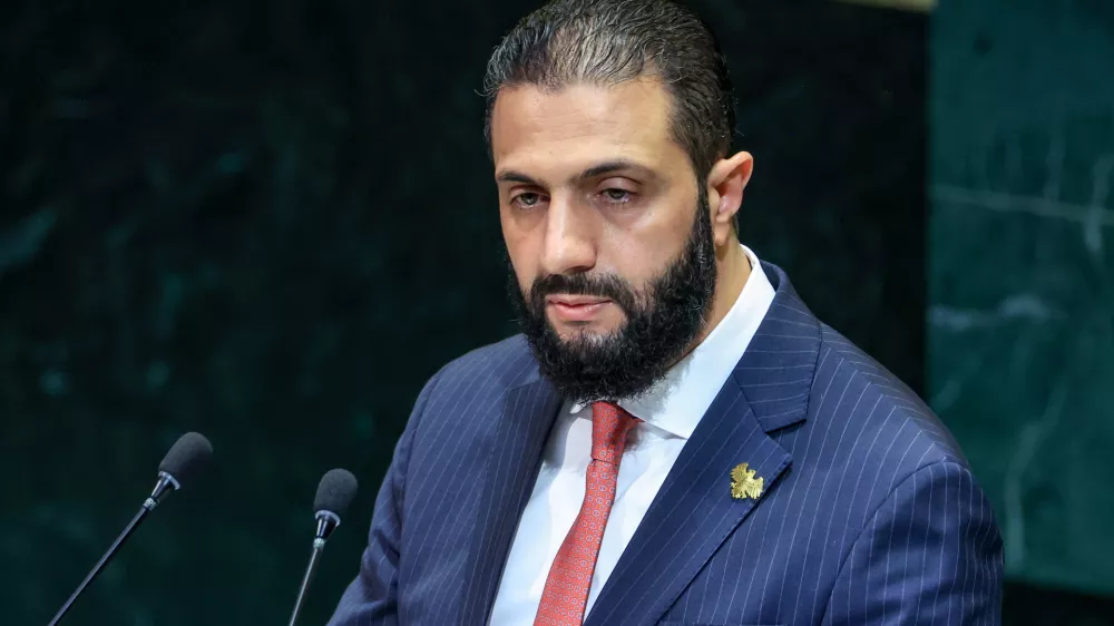 24 September 2025, US, New York: President of Syria Ahmed al-Sharaa speaks at the general debate of the UN General Assembly in New York. Over 140 heads of state and government are expected to attend the world's largest diplomatic event over several days. Photo: Valery Sharifulin/TASS via ZUMA Press/dpa