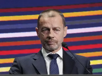 UEFA President Aleksander Ceferinsits on the podium during the 49th UEFA congress in Belgrade, Serbia, Thursday, April 3, 2025. (AP Photo/Darko Vojinovic)