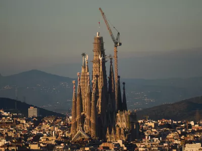 View of the Sagrada Familia basilica, which became the world's tallest church on Thursday after a section of its central tower was lifted into place, in Barcelona, Spain, Oct. 30, 2025. (AP Photo/Emilio Morenatti)