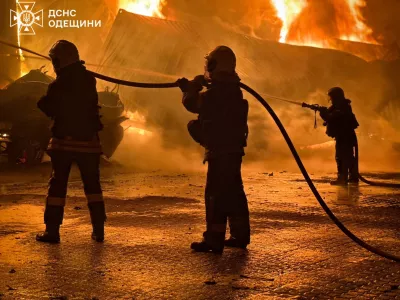 Firefighters work at the site of a Russian drone strike, amid Russia's attack on Ukraine, in Odesa region, Ukraine, in this handout picture released October 9, 2025. Press service of the State Emergency Service of Ukraine in Odesa region/Handout via REUTERS ATTENTION EDITORS - THIS IMAGE HAS BEEN SUPPLIED BY A THIRD PARTY. MUST NOT OBSCURE LOGO.