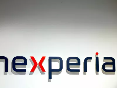 FILE PHOTO: The logo of computer chipmaker Nexperia is seen in Nijmegen, Netherlands April 12, 2024. REUTERS/Piroschka van de Wouw/File Photo