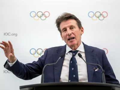 FILE - Candidate to the presidency of the International Olympic Committee (IOC) Sebastian Coe speaks during a press conference following a presentation before their fellow IOC members in Lausanne, Switzerland, on Jan 30, 2025 (Fabrice Coffrini/Pool Photo via AP)